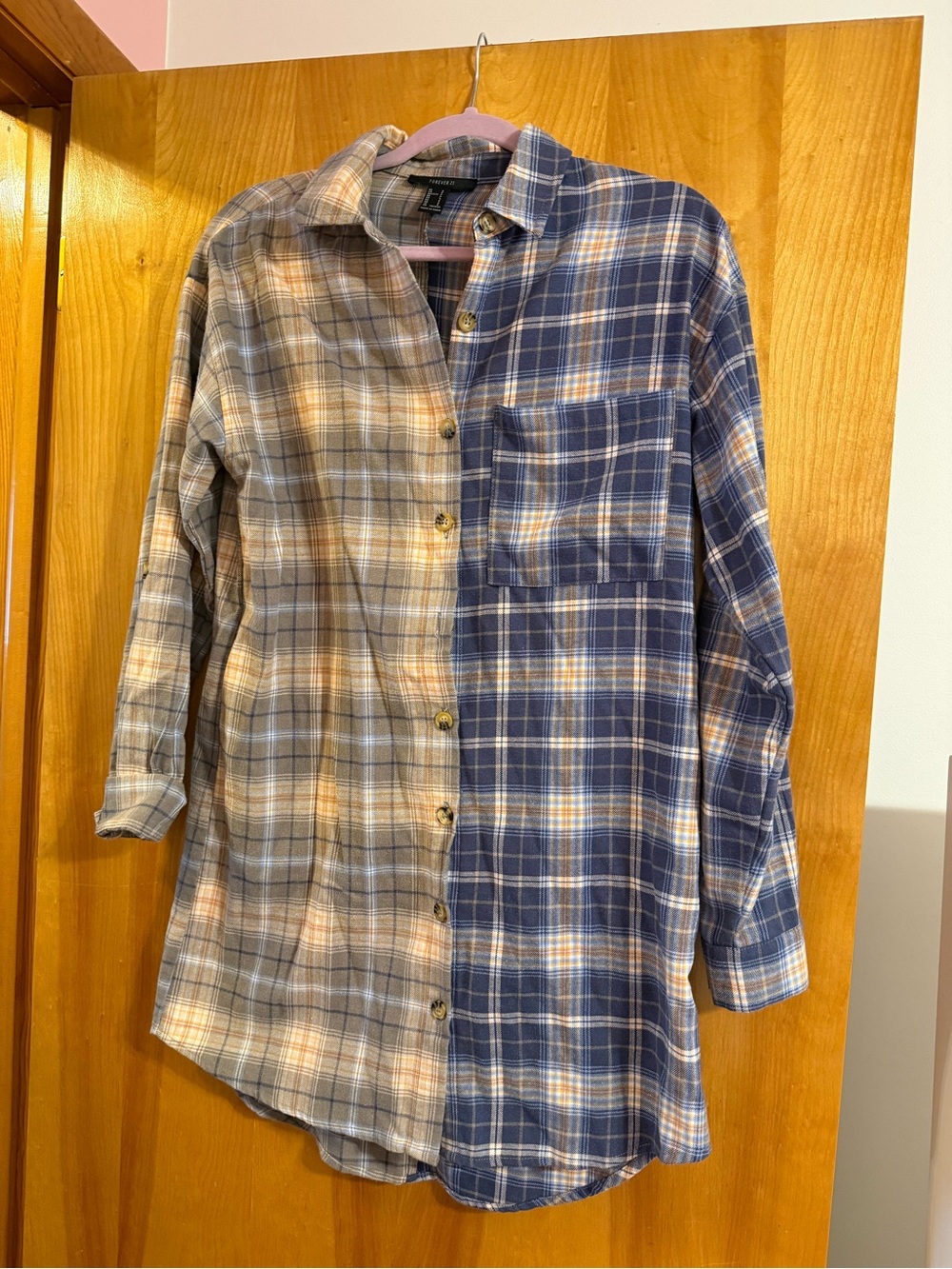 Forever 21 Two-Tone Plaid Button-Down Dress - Blue and Beige